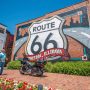 couple looking at route 66 mural in downtown pontiac illinois