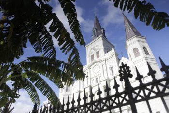 upward facing shot of st louis cathedral in jackson square in the french quarter of new orleans