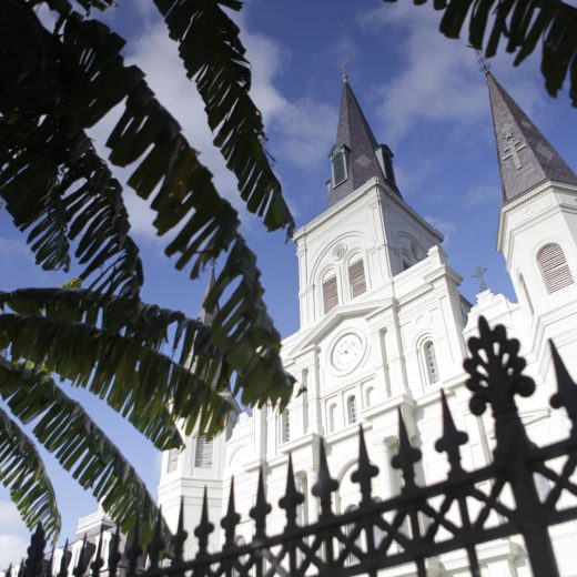 upward facing shot of st louis cathedral in jackson square in the french quarter of new orleans